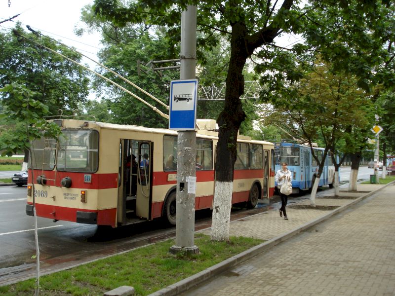 Troleibuze oprite lângă un trotuar umbrit de copaci