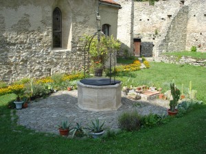 Fântână circulară într-o curte cu gazon și flori