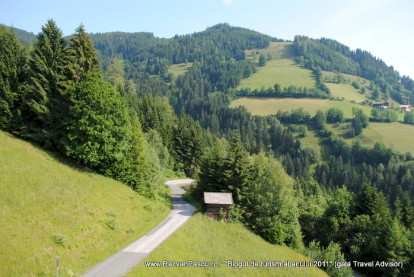 Drum îngust șerpuiește printre pajiști verzi și pădure, pe versant.