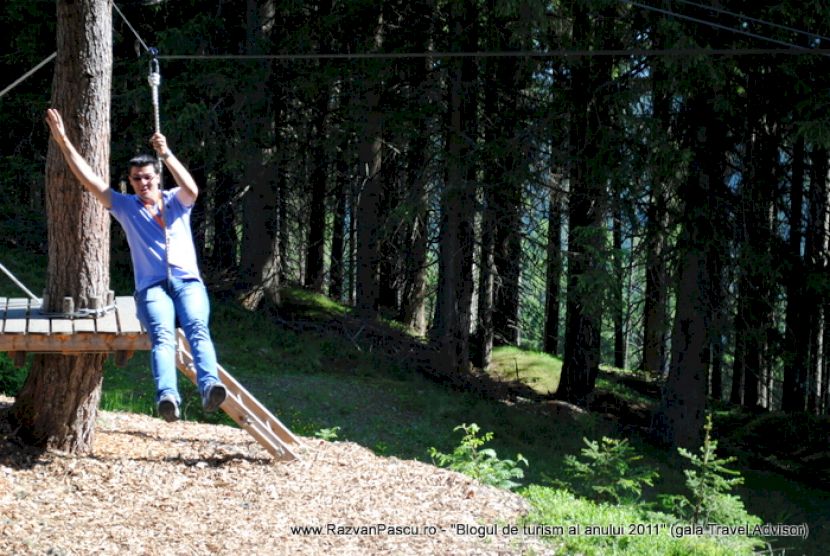 Bărbat cu brațele ridicate traversează un obstacol din parc de aventură.