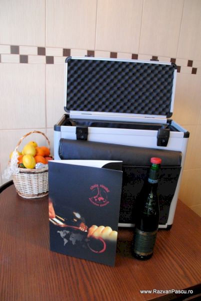 Broșură și două sticle de vin în fața unei valize deschise