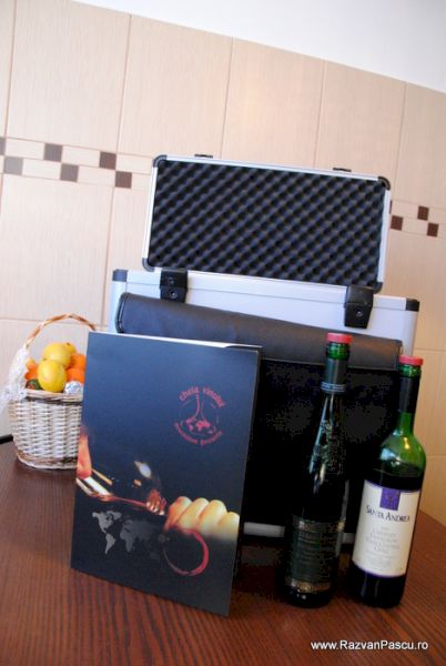 Valiză deschisă, sticle de vin și broșură pe masă
