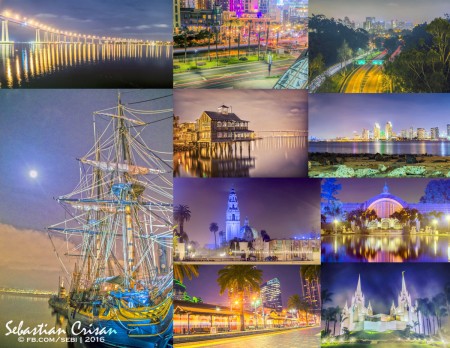 Coronado Bridge; San Diego Convention Center; vedere a orasului de pe Cabrillo Bridge; Maritime Museum; Seaport Village; Centennial Park; Balboa Park; Botanical Building; statia de tren Santa Fe; Templul mormonilor din San Diego.