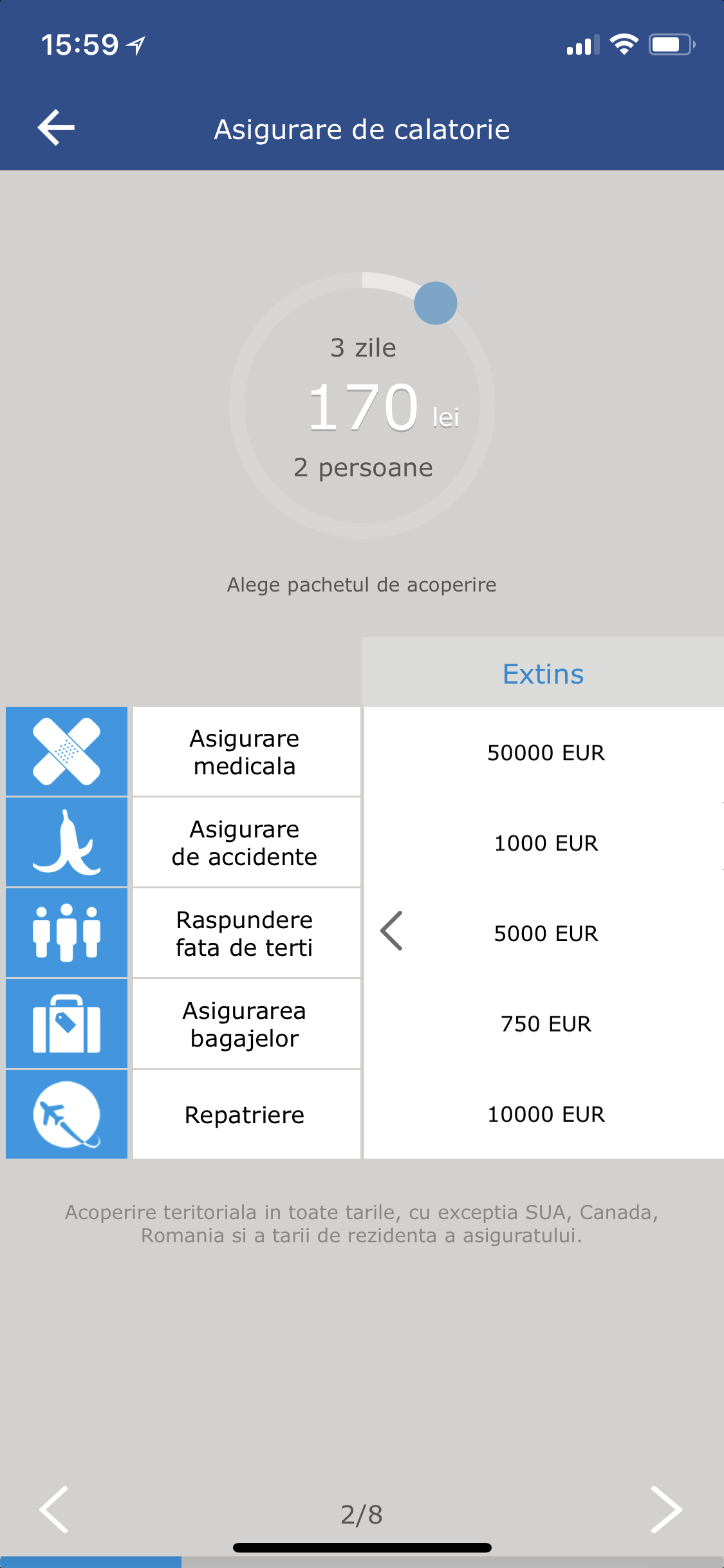 Captură de ecran cu interfața aplicației Allianz Țiriac