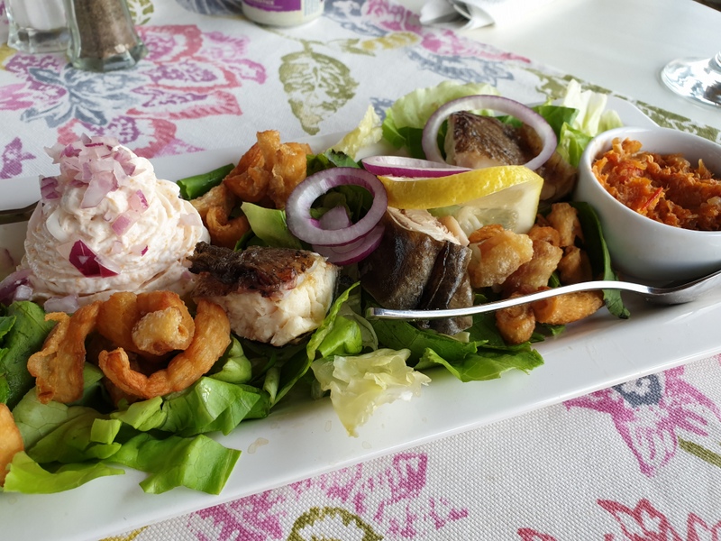 Platou cu carne, salată și garnituri pe masă