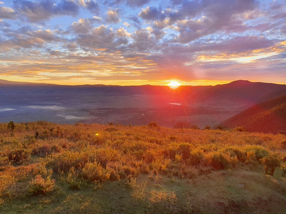 Soare la apus deasupra unei savane cu iarbă