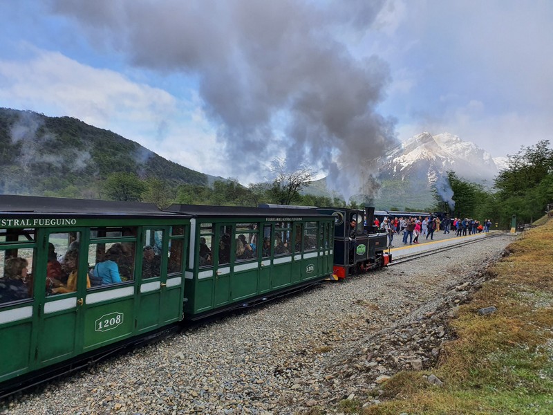 Vagoane verzi și locomotivă cu abur, pe șine