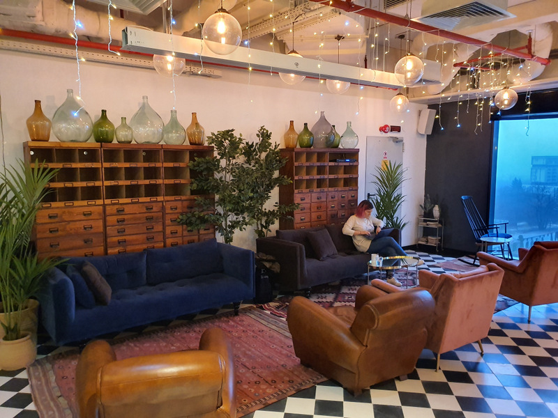 Lounge cu canapea albastră și plante în ghivece