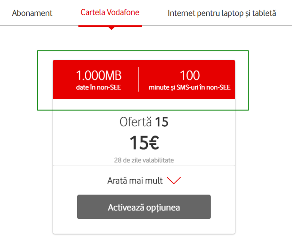 Captură cu ofertă de roaming și detalii de abonament