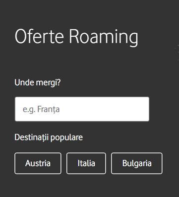 Captură a paginii Oferte Roaming, cu destinații disponibile