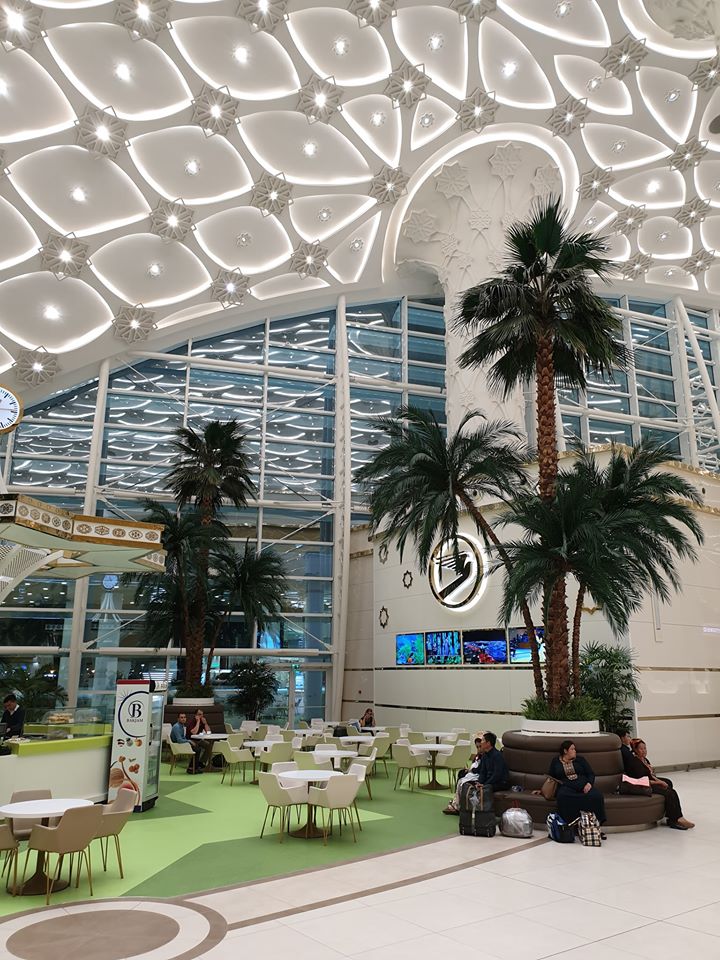 Zonă de relaxare cu palmieri într-un terminal luminos