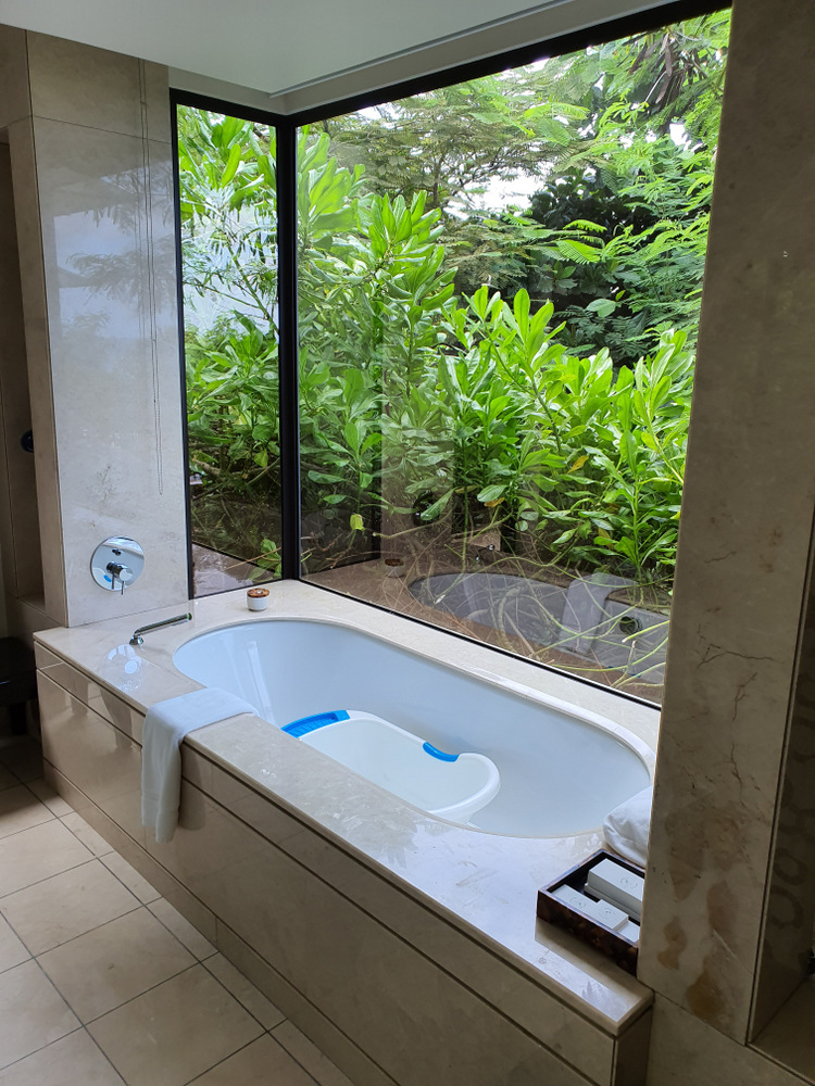 Cadă albă lângă ferestre mari cu vedere spre plante tropicale