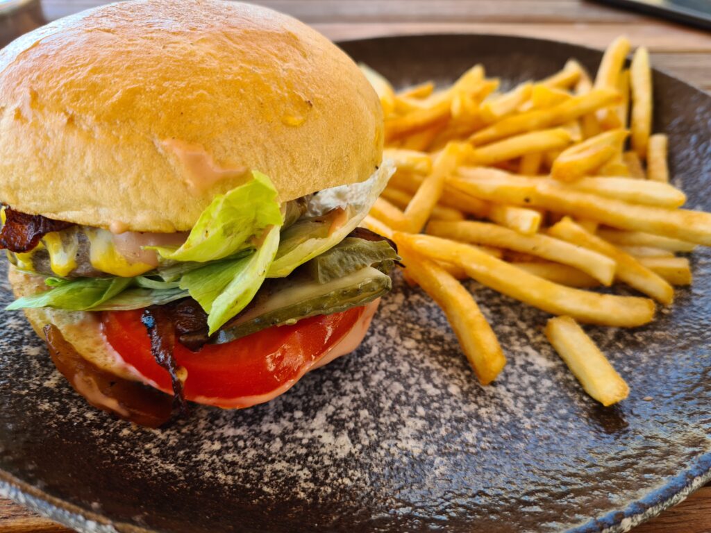 Burger cu salată și cartofi prăjiți pe farfurie