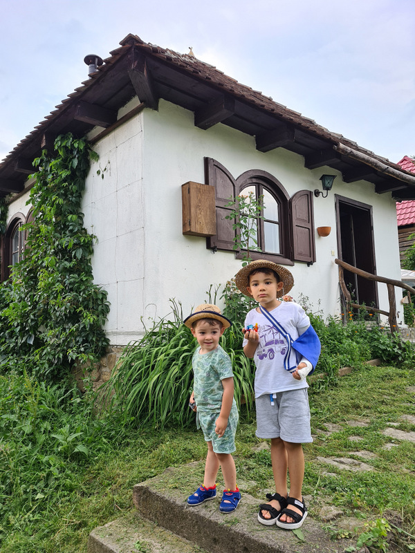 Doi copii cu pălării de paie stau lângă o casă albă cu obloane
