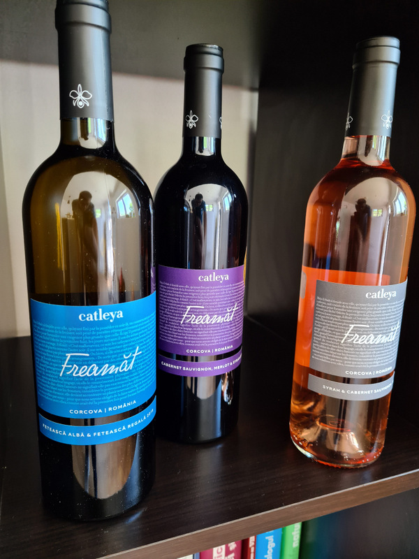 Trei sticle de vin alb, roșu și roze cu etichete colorate.