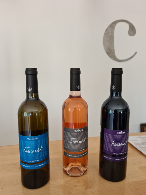 Trei sticle de vin cu etichete albastre, portocalii și mov pe o masă.