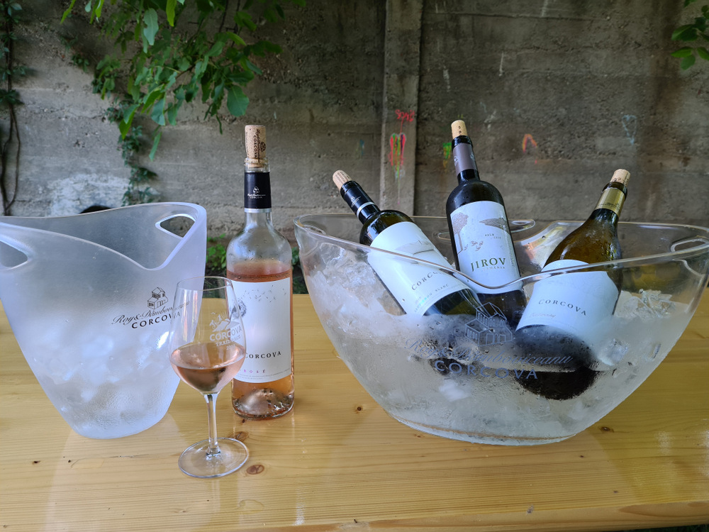 Vas cu gheață și sticle de vin alături de un pahar cu roze.