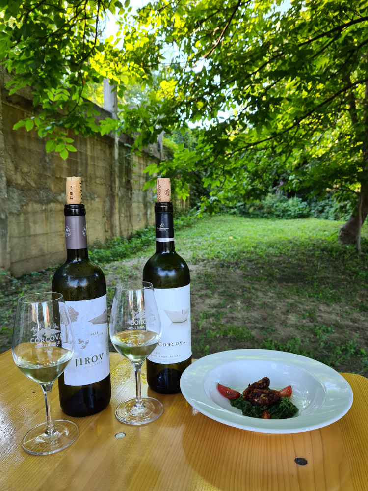Sticle de vin și pahare lângă o farfurie cu preparat și sos.