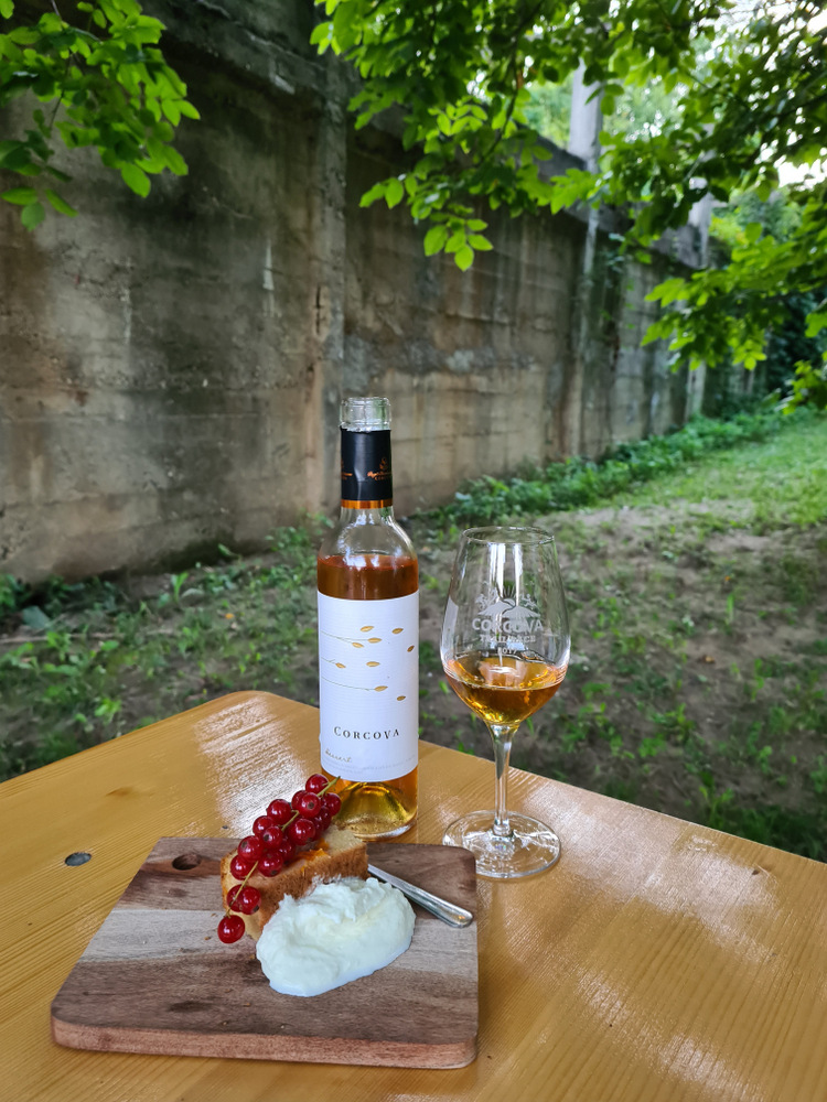 Sticlă și pahar de vin lângă brânză și struguri pe o masă.