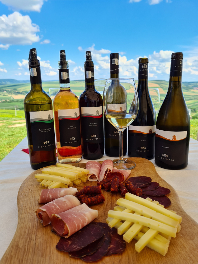 Sticle de vin și platou cu brânzeturi și mezeluri