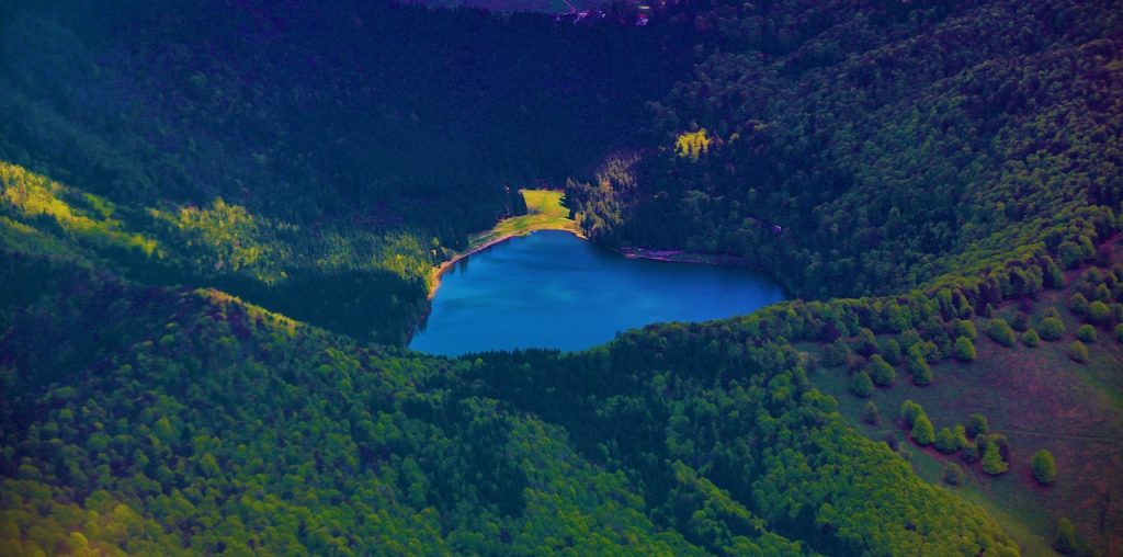 Lac albastru văzut de sus între versanți împăduriți.
