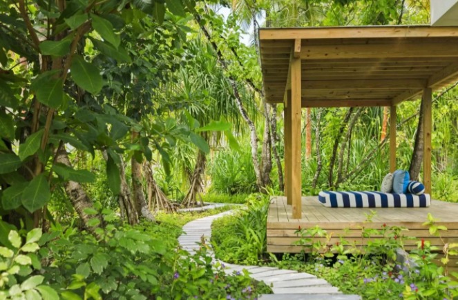 Leagăn acoperit din lemn, amplasat în mijlocul vegetației tropicale.