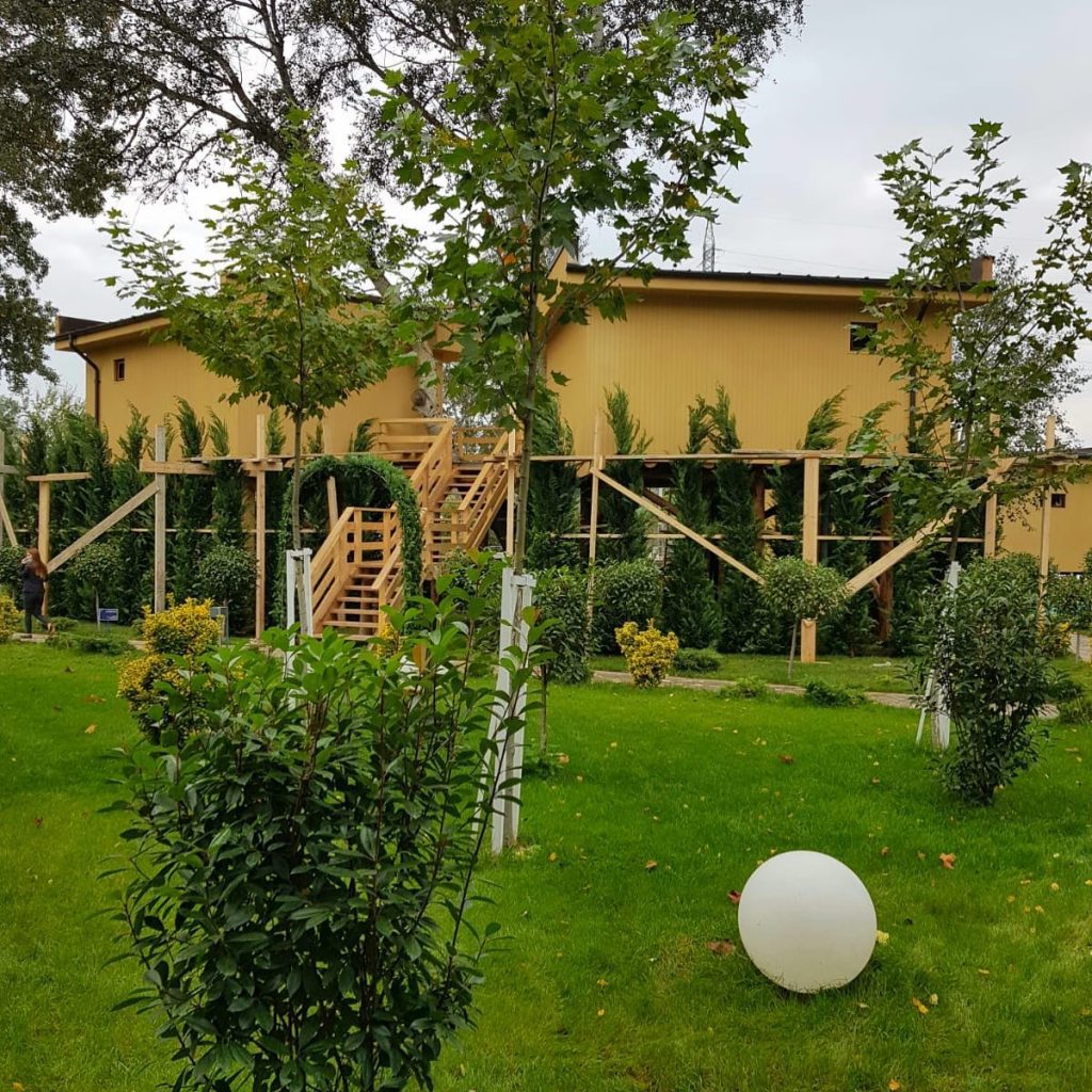 Clădire galbenă înconjurată de gazon, arbori și alei.