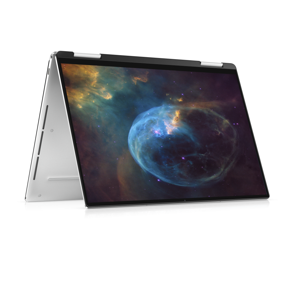 Laptop argintiu pliat în formă de cort, cu imagine colorată pe ecran.
