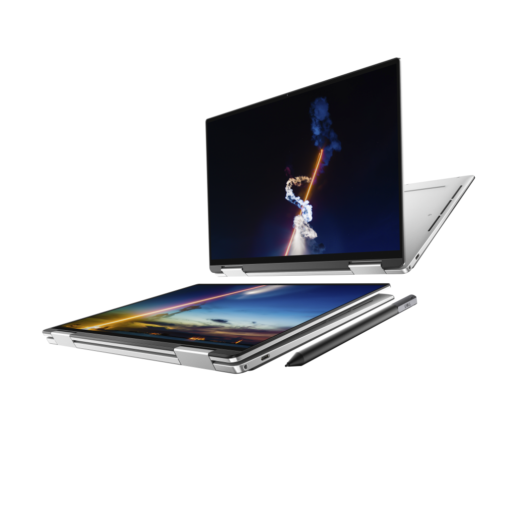 Laptopuri convertibile cu ecrane ridicate, pe fundal negru.