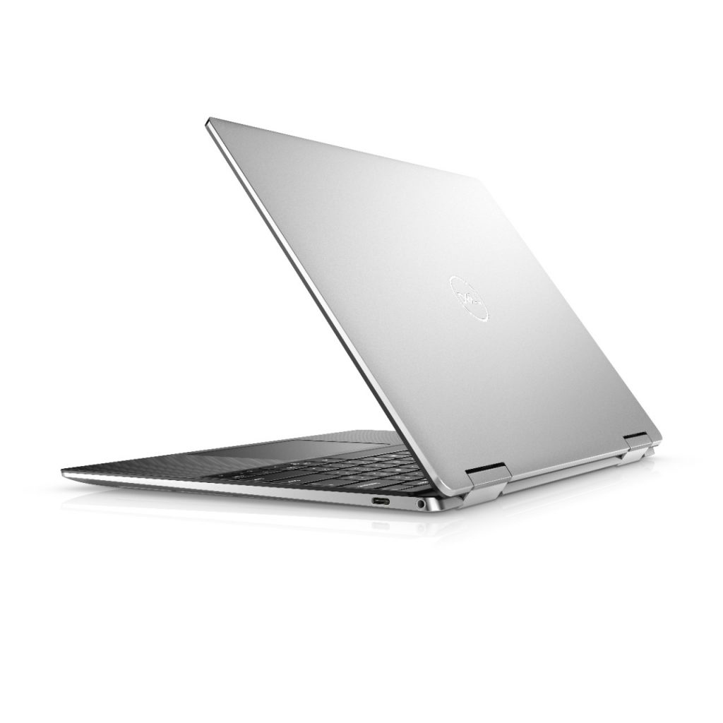 Laptop argintiu văzut din spate, pe fundal alb.