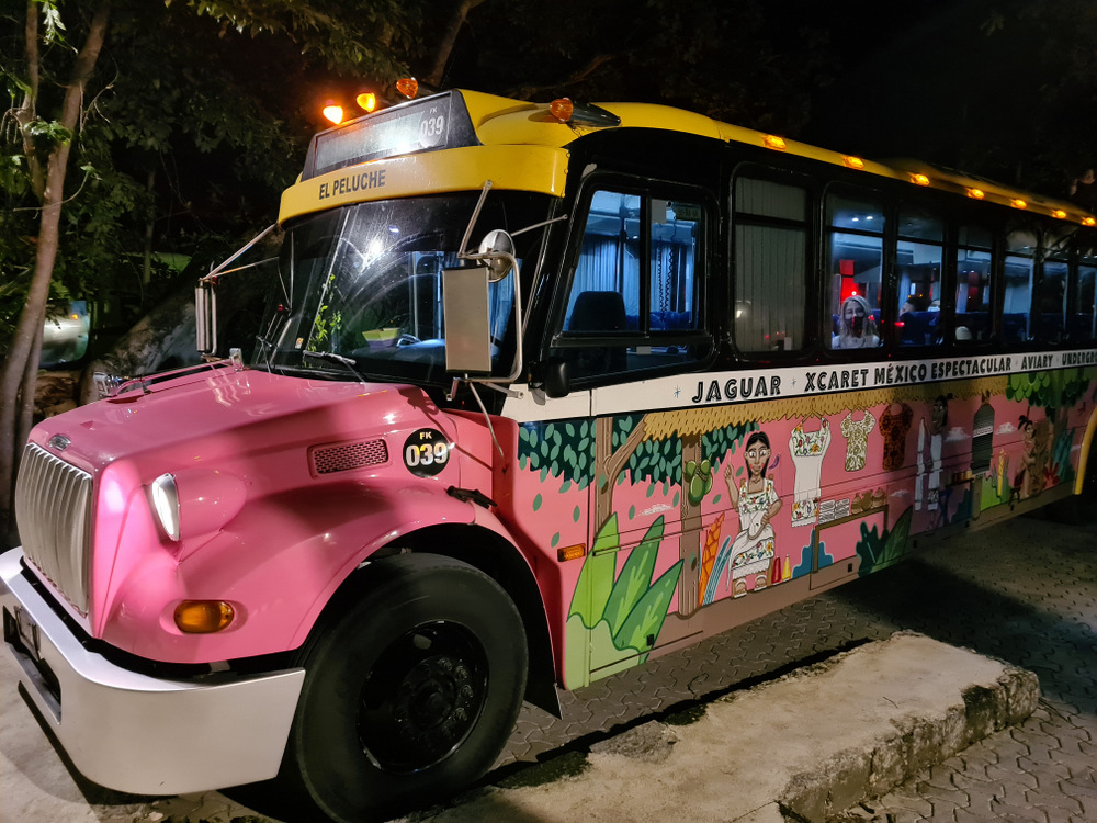 Autobuz roz și galben, pictat cu motive florale.
