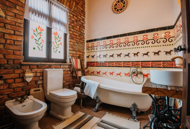 Baie cu cadă pe picioare și pereți decorați.