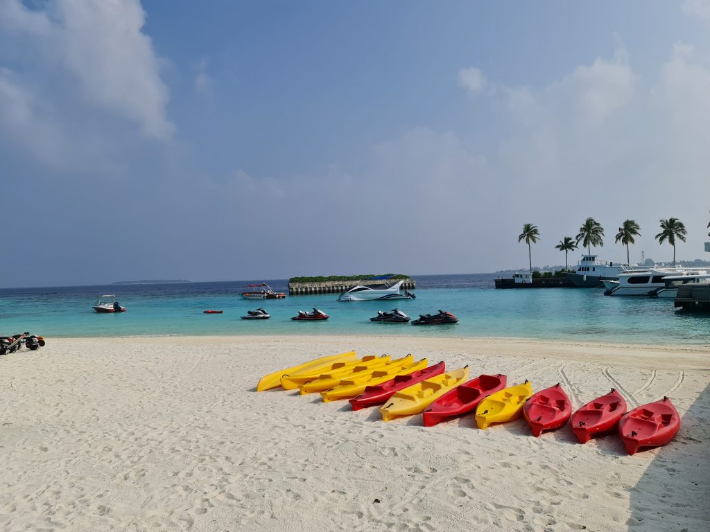 Caiace galbene și roșii aliniate pe nisip lângă mare.
