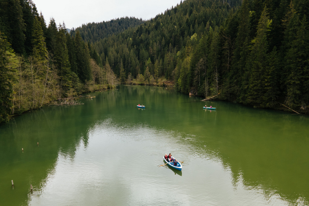 Bărci pe un lac verde înconjurat de conifere.