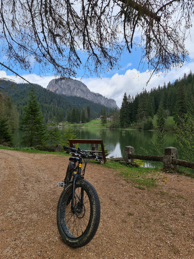 Bicicletă pe malul unui lac, cu munți în fundal.