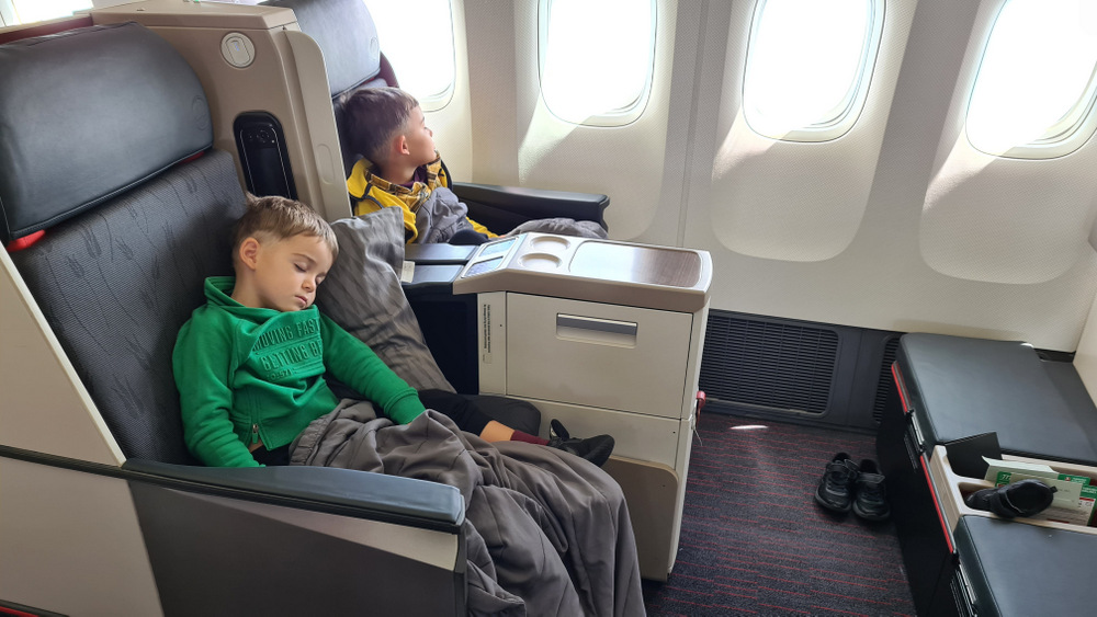 Doi copii în fotolii de avion, lângă hublouri.