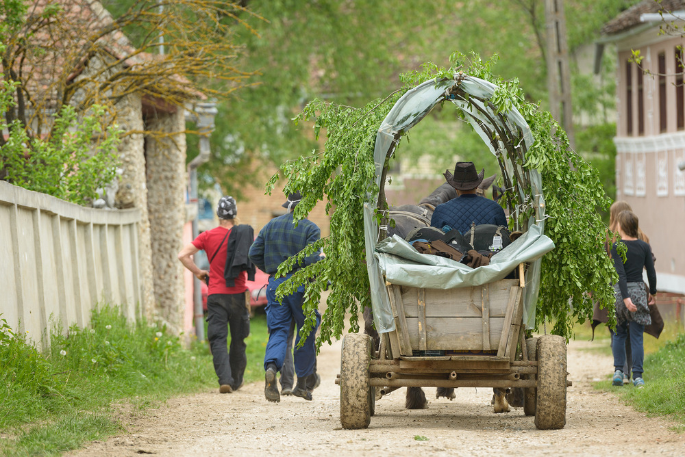 Căruță acoperită și persoane pe o uliță rurală.