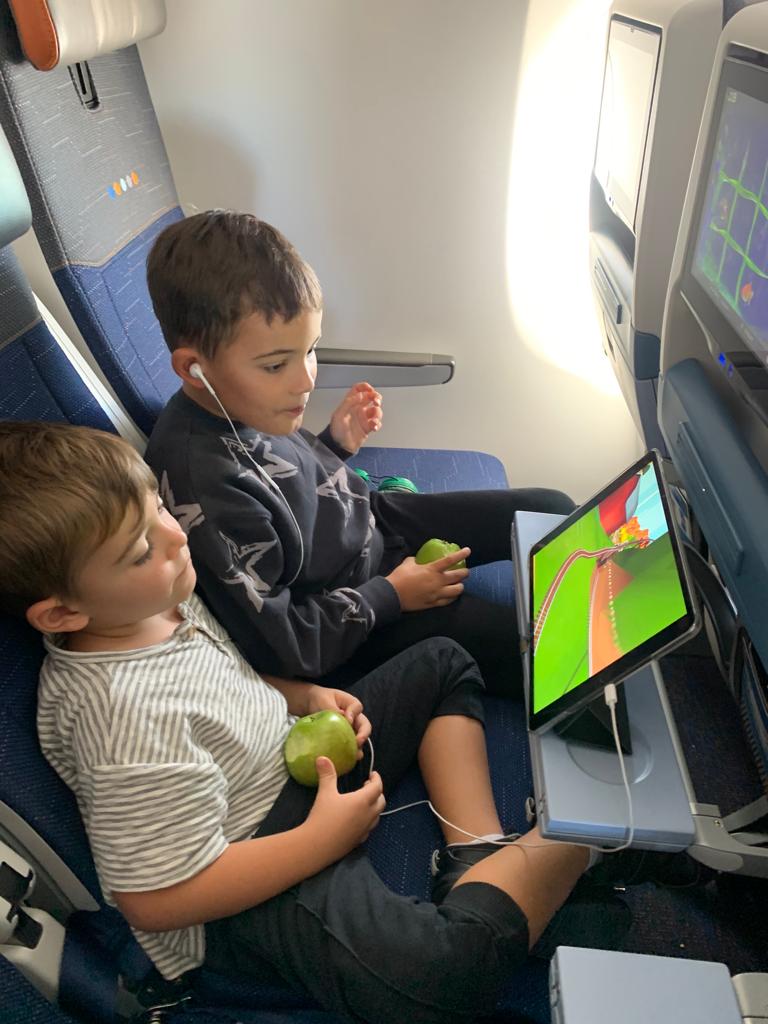 Doi copii așezați în avion, folosind ecrane individuale.