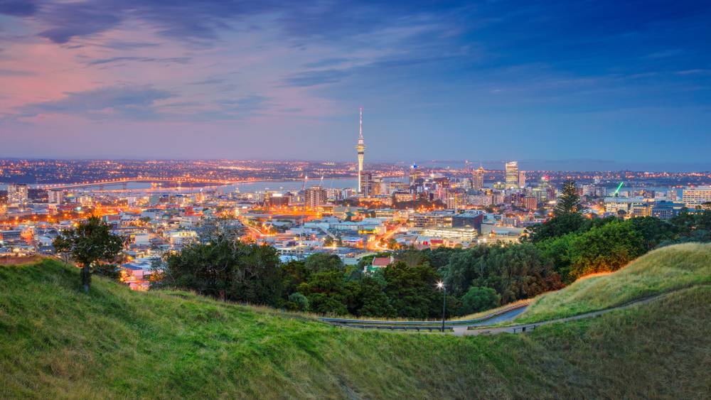 Panoramă a Aucklandului, văzută de pe un deal verde