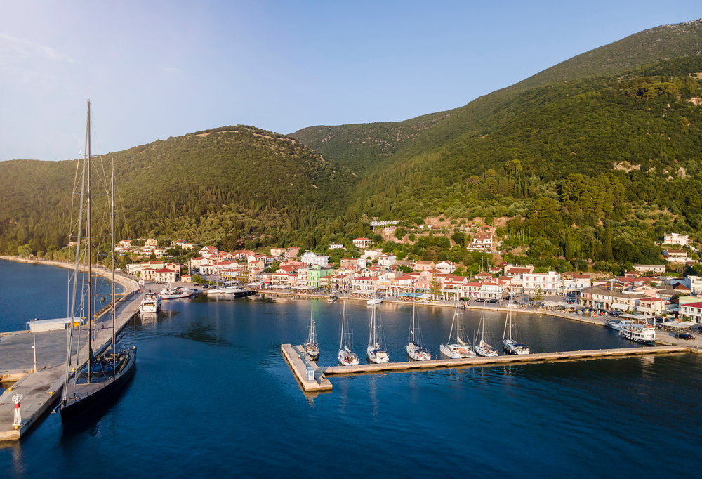 Port cu bărci și dealuri verzi în fundal