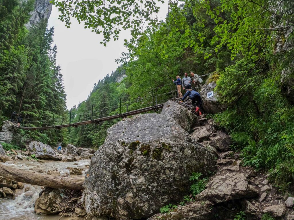Persoane pe stânci lângă o punte suspendată într-o pădure.