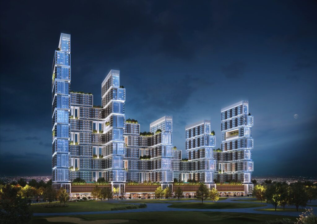 Randare nocturnă a turnurilor Sobha One, cu iluminare exterioară