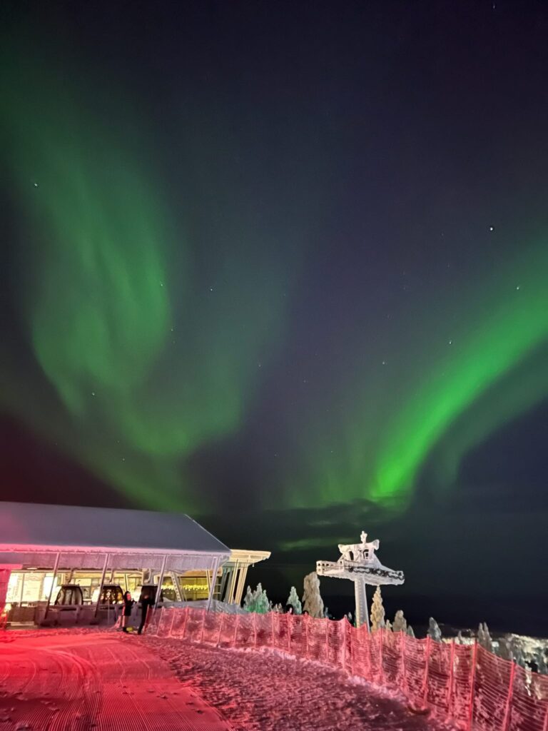 Auroră verde deasupra unor clădiri iluminate noaptea