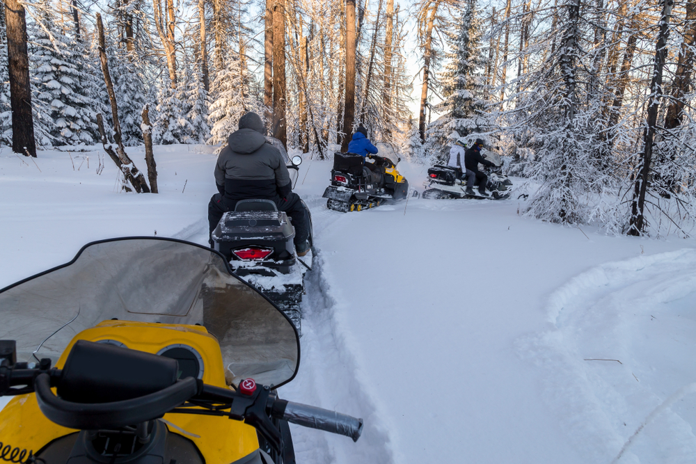Snowmobile pe o potecă prin pădure înzăpezită