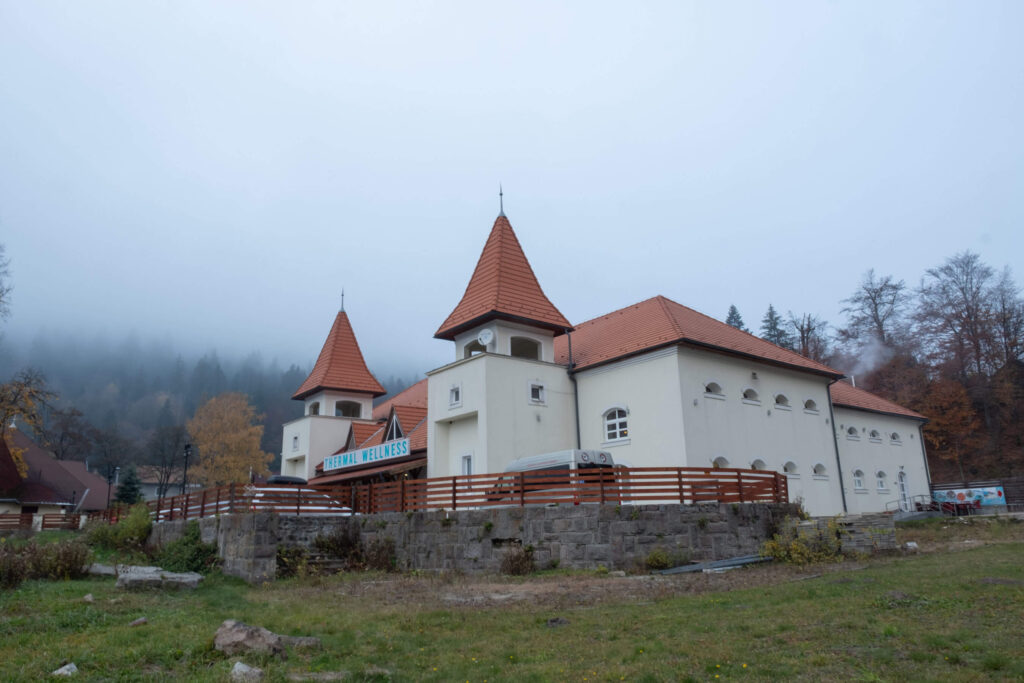 Clădire albă cu turnulețe și acoperișuri roșii, la marginea pădurii.