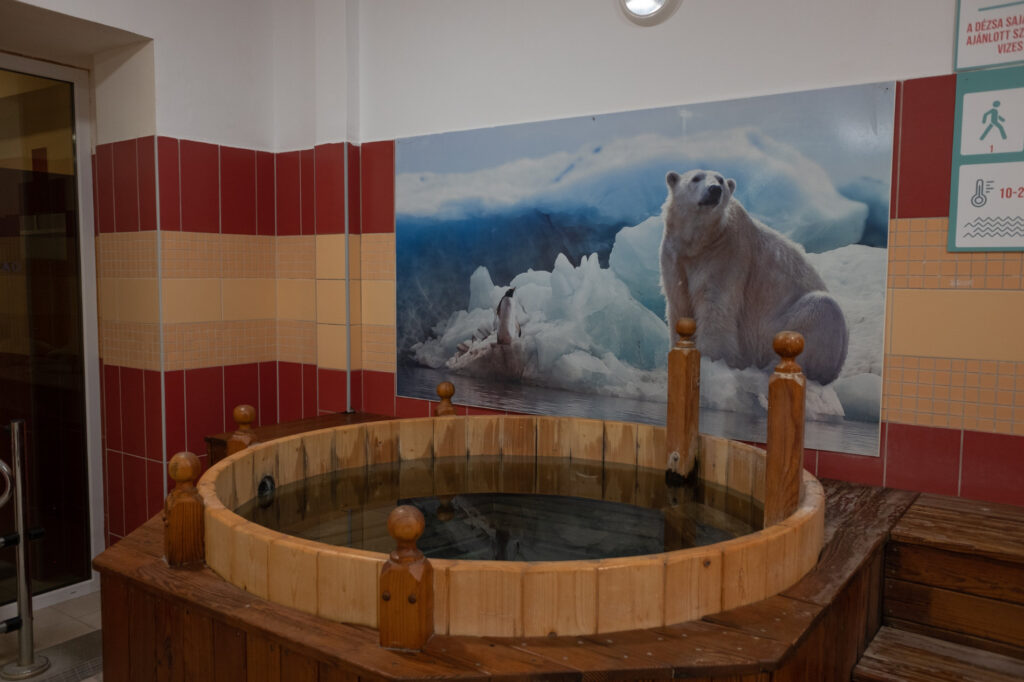 Bazin rotund din lemn, sub un panou ilustrat cu un urs polar.