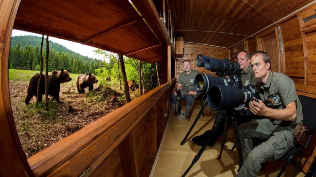 Fotografi cu teleobiective într-un observator din lemn, privind urși afară.
