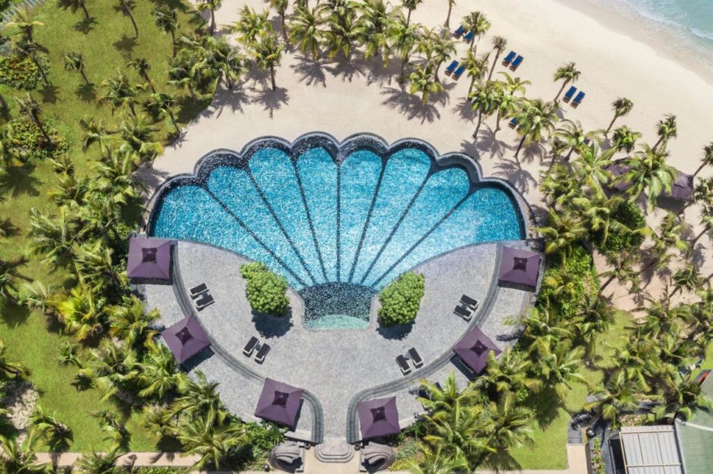 Piscină în formă de scoică, înconjurată de palmieri, văzută de sus.