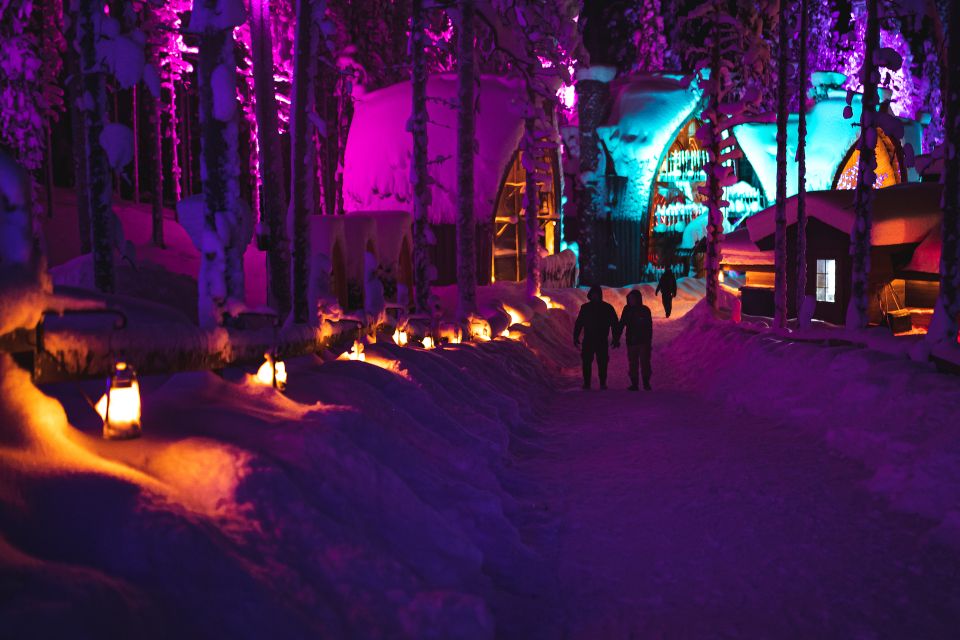 Alee înzăpezită prin pădure, iluminată în violet și turcoaz noaptea