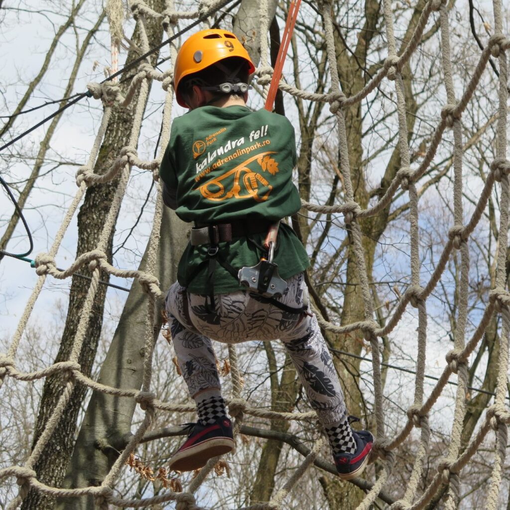 Persoană cu cască pe un traseu suspendat între arbori